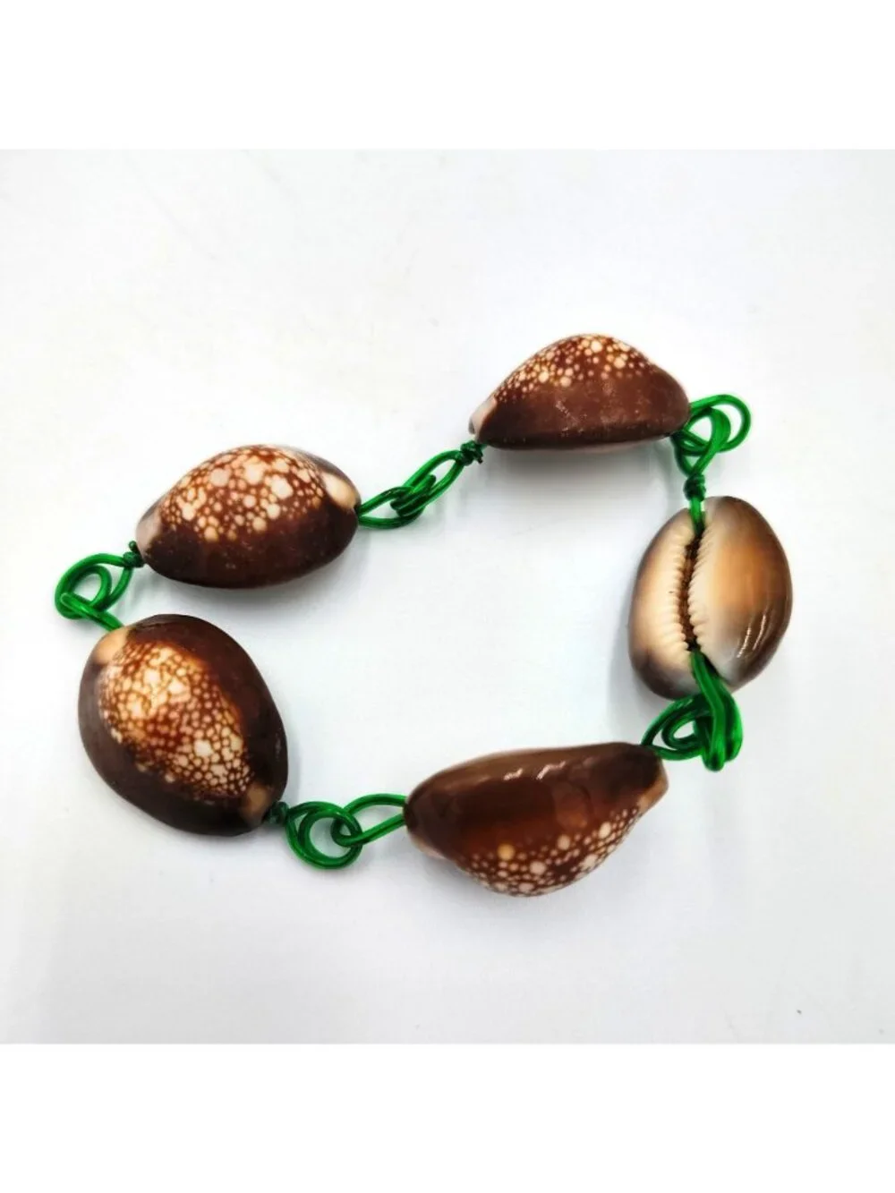 Vintage Handmade Cowrie Shell Bracelet Green Wire Boho Beach Coastal Jewelry